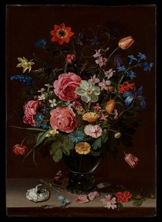 a painting of flowers in a vase on a table