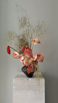 a vase filled with flowers and grass on top of a white block in front of a gray wall