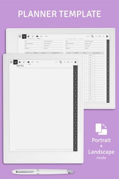 the planner template is displayed on top of a purple background with a pen and clipboard