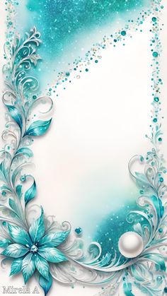 an artistic blue and white background with flowers on it's side, surrounded by bubbles