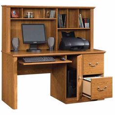 an office desk with a computer and printer on it's stand up shelf, in front of a white background