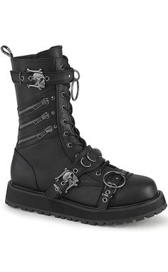 Demonia's Valor boot is a classic combat style. Added chunky zippers give them that bad-boy twist. Vegan 1 1/2" (38mm) Platform Lace-Up Front Mid-Calf Boot Featuring Harness Strap, Ornamental Metal Zip Closures at the Outer Side, 2 Metal Skull Buckle Straps & One Smaller Buckle Strap with O-Ring Details on Vamp Inside Metal Zip Closure U.S men's sizing - refer to size chart for more info Goth Boots Men, Demonia Outfit, Battle Mage, Alt Men, Edgy Boots, Demonia Boots, Goth Boots, Demonia Shoes, Combat Style