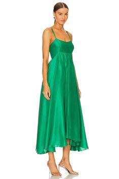 100% silk.  Made in USA.  Dry clean only.  Fully lined.  Hidden back zipper closure.  Adjustable shoulder straps.  Satin finish.  Shoulder seam to shortest hem measures approx 52" and to longest hem approx 58" in length, Because straps are adjustable, length may vary.  .  .  .  .  .  .  .  . Green Wedding Guest Dress, Green Wedding Guest Dresses, Green Dress Casual, Green Wedding, Couture Fashion, Satin Finish, Wedding Guest Dress, Green Dress, Runway Fashion