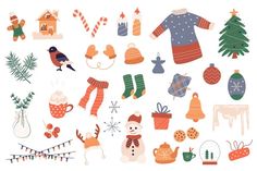 an assortment of christmas items including stockings, mittens and other holiday decorations on a white background