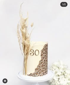 a leopard print cake with the number 30 on it and some dry grass next to it