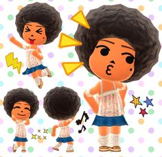 an animated girl with different facial expressions and hair styles, standing in front of a polka dot background