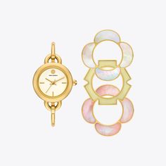 A delicate bangle watch comes with three interchangeable floral-shaped top rings. Set within gold-tone stainless steel, the top rings are crafted in ivory or blush-toned mother-of-pearl, and green epoxy inlay. Epoxy Inlay, Womens Designer Watches, Tory Burch Kira, Bangle Watches, Watch Gift, Designer Watches, Top Rings, Rings Set, Watch Gifts