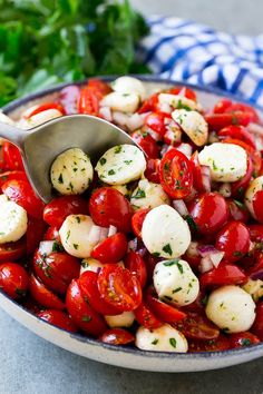 a bowl full of tomatoes and mozzarella with a serving spoon in the middle