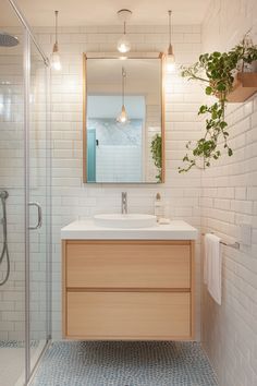 a bathroom with a sink, mirror and plants on the counter top in front of it