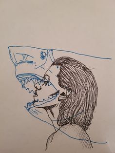 a drawing of a man and a shark with their mouths open in front of each other