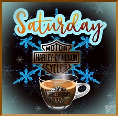 there is a coffee cup with the words saturday on it and snowflakes in the background