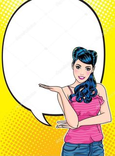 a woman pointing at an empty speech bubble