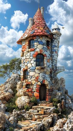 a house made out of rocks with a red roof and windows on top of it