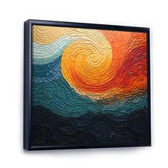 an abstract painting with waves and sun on the horizon in orange, blue, yellow and green