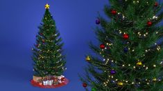 two christmas trees with presents under them on a blue sky background, one is lit and the other is decorated