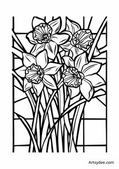 stained glass window with daffodils in black and white coloring pages for adults