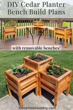 three wooden planters with plants in them and the words diy cedar planter bench plans