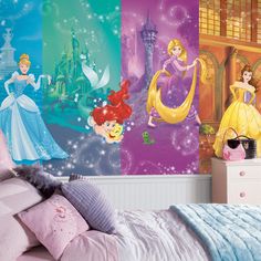 disney princess wallpapers in a girls'bedroom