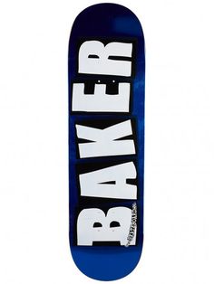 a blue skateboard with the words baker on it's bottom and white lettering