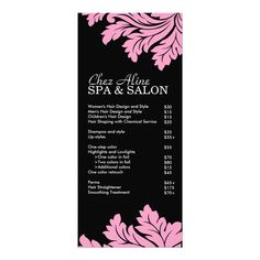 a black and pink salon menu with flowers on it's front cover, in the middle