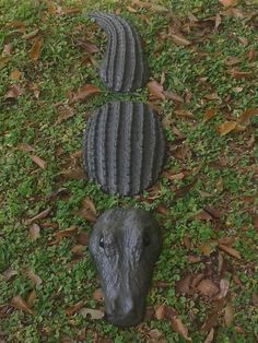 two alligator heads are laying on the ground in front of some leaves and grass,