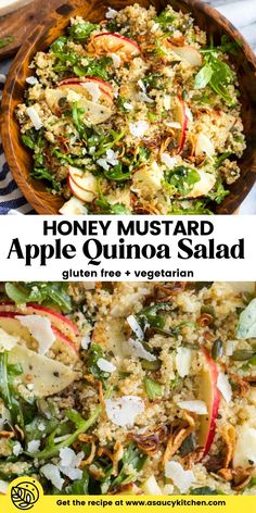 an apple quinoa salad in a wooden bowl with the words honey mustard on it