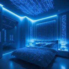 a bed in a room with blue lights on the ceiling and walls, along with a mirror