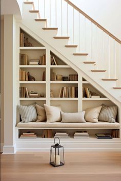 a living room filled with lots of furniture and bookshelves next to a stair case