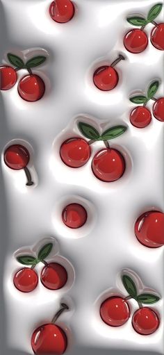 an abstract image of cherries with green leaves on white paper and red liquid in the middle