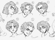 some drawings of different people with curly hair and one man's face in the middle