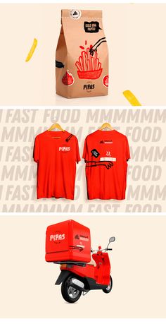 three different types of food packaging on the same page, including an image of a pizza box and a moped