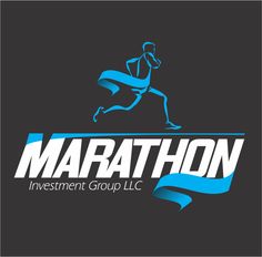 marathon investment group logo with running man and blue ribbon on black background stock photo - premium royalty