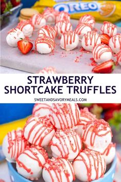 a board with strawberry shortcake truffles and a bowl with a lot of strawberry shortcake truffles Strawberry Shortcake Crumbs, Holiday Desserts Cookies, Strawberry Shortcake Truffle, Truffle Dessert, Dessert Truffles, Truffles Recipe, Strawberry Dessert Recipes, Shortcake Recipe, Savory Meals