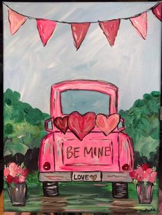 a painting of a pink truck with hearts on it