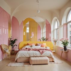 a bedroom with pink, yellow and white walls