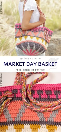 a woman carrying a crochet bag with the words market day basket on it