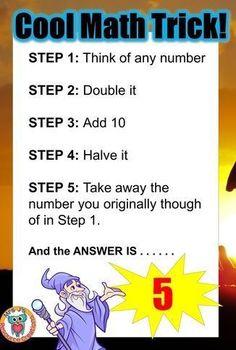 an image of a sign that says cool math trick step 1 think of any number