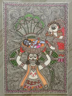 an intricately designed painting on paper with skulls and flowers in the center, depicting a woman