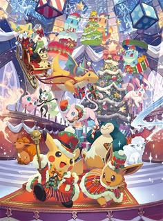 pikachu and friends in front of a christmas tree with other pokemon characters on it