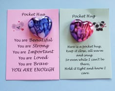 two handmade greeting cards with hearts on them, one is for pocket hug and the other is for you are enough