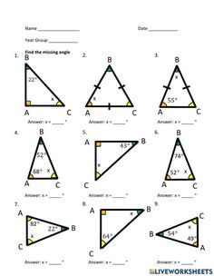 triangle worksheet with the corresponding angles and numbers on each side to help students learn how