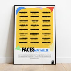 a poster with the faces of mac miller written in black and yellow on a white wall