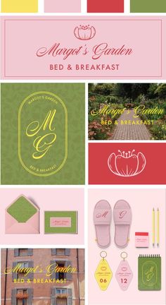 the wedding stationery is displayed in pink, green and yellow