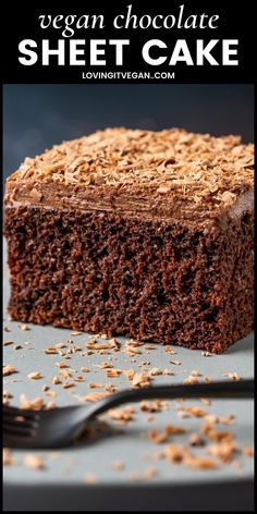 vegan chocolate sheet cake on a plate with a fork and text overlay that reads, vegan chocolate sheet cake