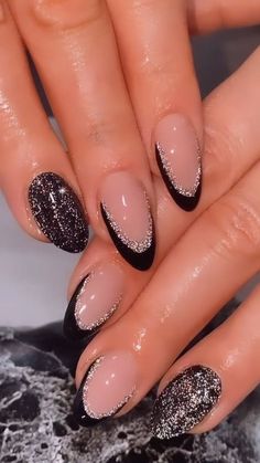 Nails Design 2022 Trends, Dark Nail Ideas Simple, Dark Silver Glitter Nails, Two Toned Nails Designs, Pretty Nails Design Inspiration, Trendy Nail Art Designs 2022, New Years Almond Nails, Gel Polish Nail Designs On Natural Nails, Cool Design Nails