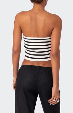 Stripes are always in season, but when they come on a ribbed tube top, we suggest the sunny one. 45% polyester, 45% rayon, 10% spandex Machine wash, dry flat Imported Summer Striped Ribbed Tops, Casual Beach Top With Seamless Construction, Casual Seamless Top For Beach, Summer White Ribbed Halter Top, White Seamless Bandeau Tank Top, White Ribbed Halter Top For Summer, Striped Ribbed Stretch Crop Top, White Ribbed Halter Top For Spring, Trendy Ribbed Tube Top For Summer