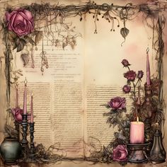 an old book with roses and candles on it