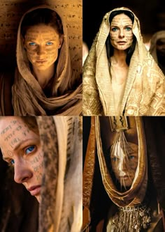 four different pictures of people with tattoos on their faces and body, including one woman's face