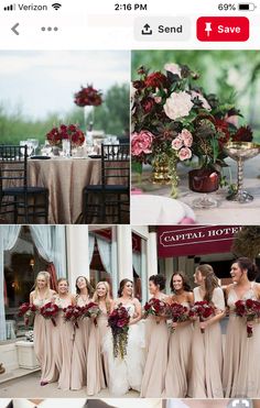 the bride and her bridal party are all dressed in beige dresses with red flowers