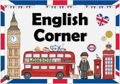 an english corner with the london bus and british symbols on it's front cover